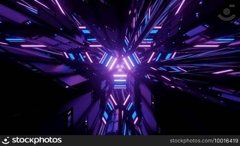 3D illustration of abstract chaotic neon lights in motion reflecting in geometric figures in dark tunnel. 3D illustration of dynamic glowing geometric figures in darkness