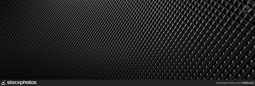 3d ILLUSTRATION, of abstract FUTURISTIC Background, black METAL MESH DESIGN texture, wide panoramic for wallpaper