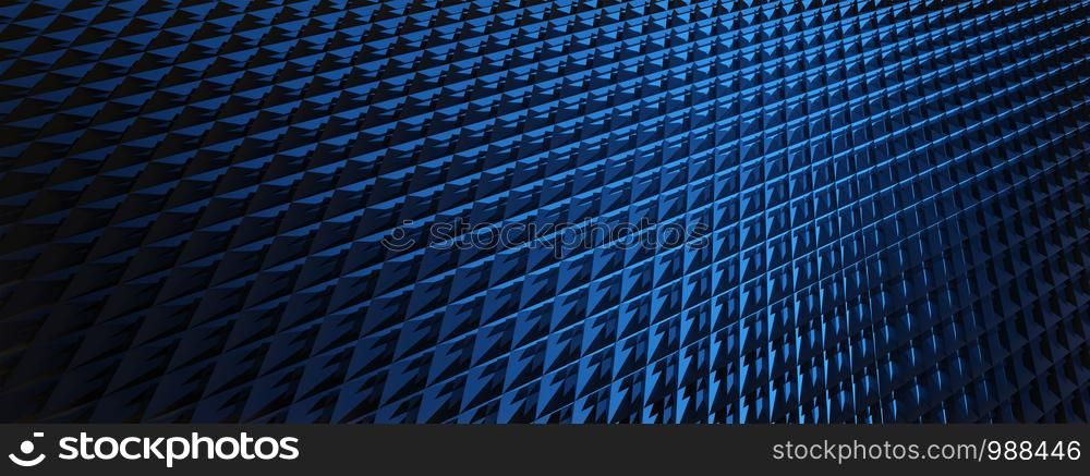 3d ILLUSTRATION, of abstract FUTURISTIC Background, blue METAL MESH DESIGN texture, wide panoramic for wallpaper