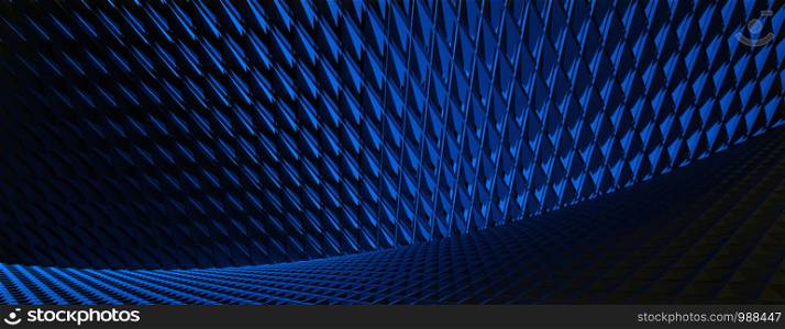 3d ILLUSTRATION, of abstract FUTURISTIC Background, blue METAL MESH DESIGN texture, wide panoramic for wallpaper