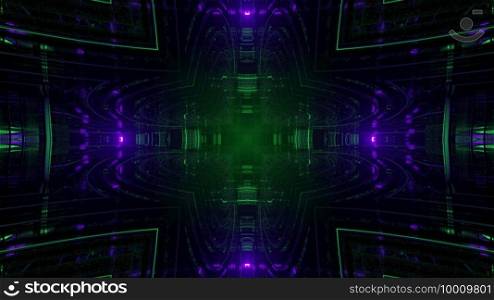 3d illustration of abstract geometric background of cross shaped futuristic tunnel with green and blue illumination. 3d illustration of futuristic neon corridor