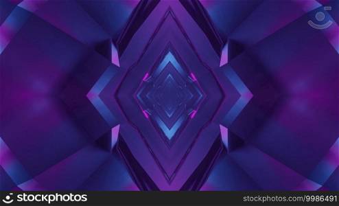3D illustration of abstract geometrical background of dark sci fi rhombus shaped tunnel glowing with blue and purple lights. 3D illustration of tunnel with geometric ornaments