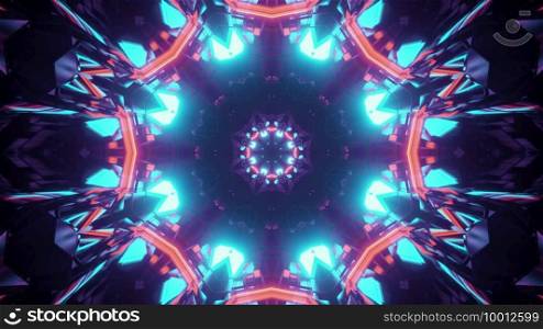 3d illustration of abstract geometrical background of kaleidoscopic endless tunnel in shape of flower illuminated by red and blue neon lights. 3d illustration of creative ornamental tunnel