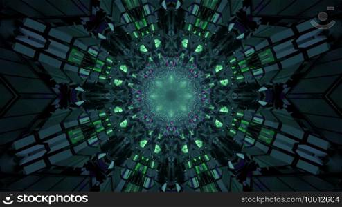 3d illustration of abstract geometrical background of ornamental tunnel with green neon illumination. 3d illustration of green futuristic tunnel