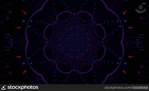 3d illustration of abstract violet and blue mandala pattern forming symmetrical spheres on dark background. Abstract 3d illustration of dynamic dark blue mandala sphere