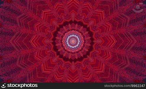 3d illustration of abstract visual background design template with symmetrical red flower shaped ornament and optical illusion effect of endless tunnel. Symmetric flower shaped ornament 3d illustration