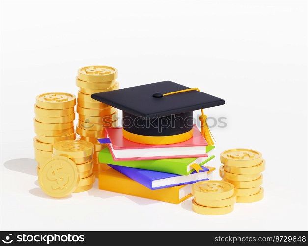 3D illustration of academic cap on books stack and money. Investment in education. Black graduation hat with tassel on pile of literature and golden coins. Symbol of education, future career success. 3D illustration of academic cap on books and money