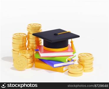 3D illustration of academic cap on books stack and money. Investment in education. Black graduation hat with tassel on pile of literature and golden coins. Symbol of education, future career success. 3D illustration of academic cap on books and money
