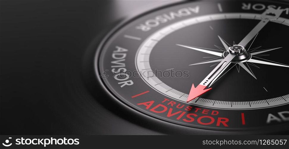3D illustration of an abstract compass over black background with needle pointing the text trusted advisor. Trustworthy financial advisory Concept. Trusted Financial Advisor.