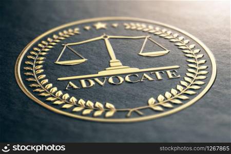 3D illustration of an advocate golden symbol. Embossed black paper.. Golden Advocate Symbol