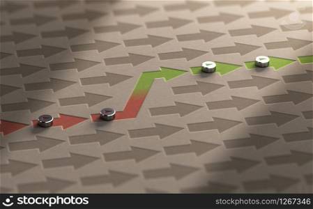 3D illustration of an arrow changing way from red to green color on kraft paper. Professional Reorientation Concept. Professional Reorientation or Career Change Concept