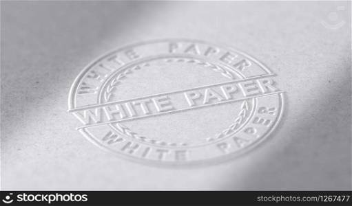 3D illustration of an embosed stamp with the text white paper. . White Paper Document