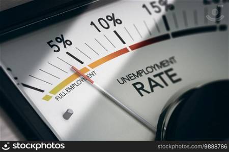 3d illustration of an unemployment rate metric showing an area less than 5 percent. Full employment concept.. Full employment. Measuring unemployment rate.