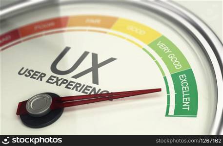 3D illustration of an user experience gauge with the needle pointing excellent UX. Marketing concept. Web Design and Marketing Concept, Measuring UX, User Experience