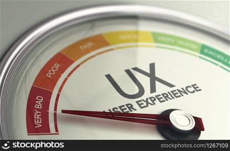 3D illustration of an user experience gauge with the needle pointing very bad UX design. . Measuring UX, Very Bad User Experience. Web Design and Marketing Concept.