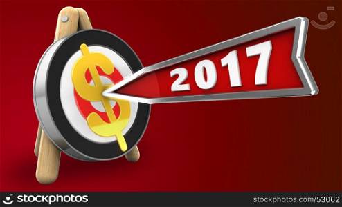 3d illustration of archery target stand with 2017 year arrow and dollar sign over red background