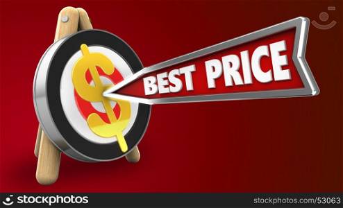3d illustration of archery target stand with best price arrow and dollar sign over red background