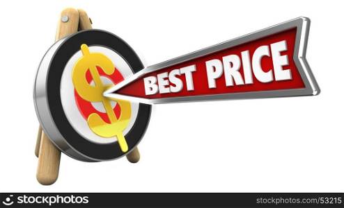 3d illustration of archery target stand with best price arrow and dollar sign over white background