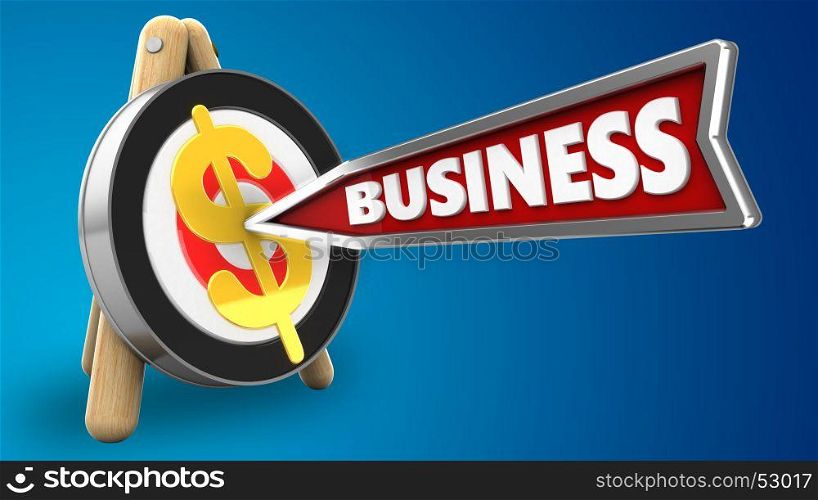 3d illustration of archery target stand with business arrow and dollar sign over blue background