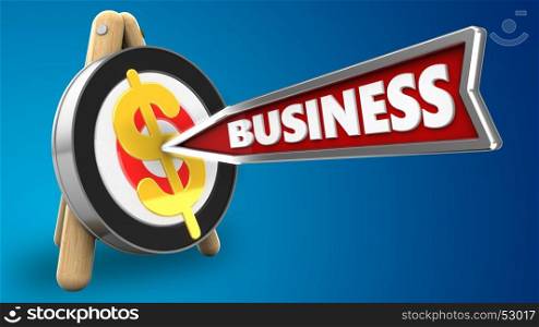 3d illustration of archery target stand with business arrow and dollar sign over blue background