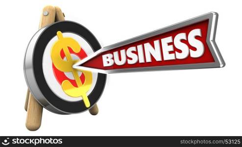 3d illustration of archery target stand with business arrow and dollar sign over white background