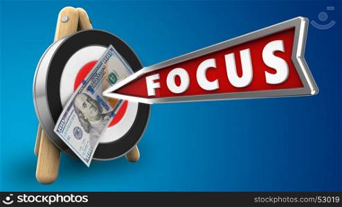 3d illustration of archery target stand with focus arrow and 100 dollars over blue background