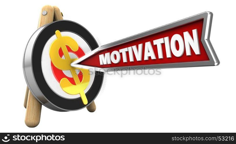 3d illustration of archery target stand with motivation arrow and dollar sign over white background
