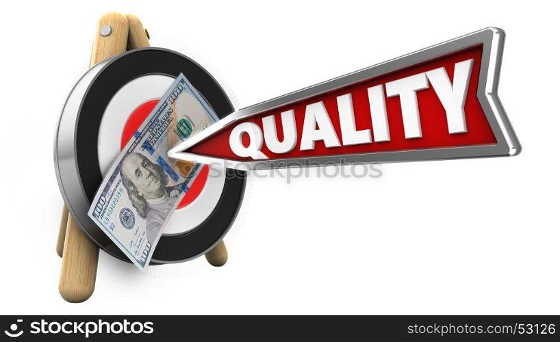 3d illustration of archery target stand with quality arrow and 100 dollars over white background