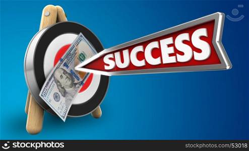 3d illustration of archery target stand with success arrow and 100 dollars over blue background