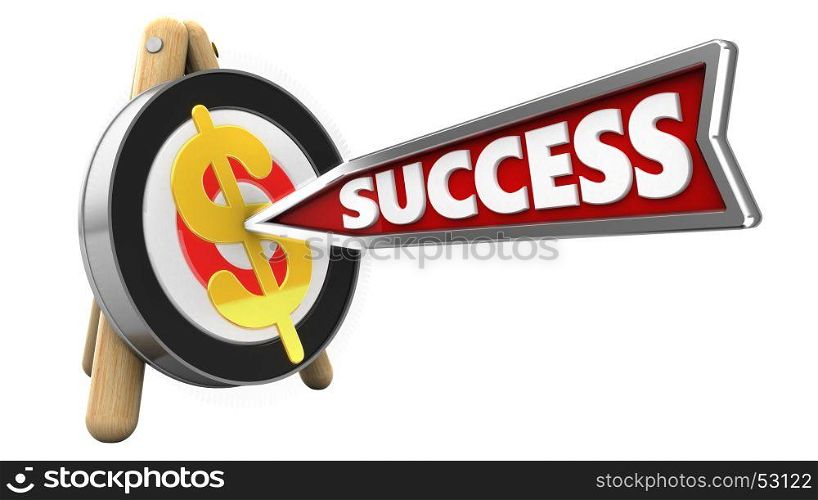 3d illustration of archery target stand with success arrow and dollar sign over white background