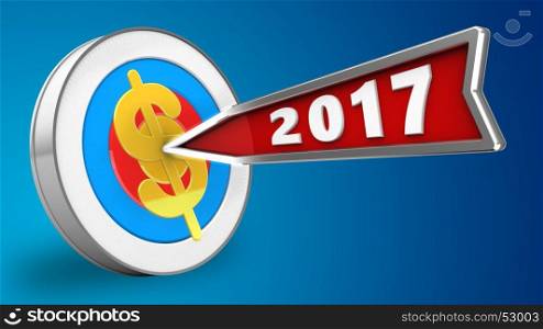 3d illustration of archery target with 2017 year arrow and dollar sign over blue background