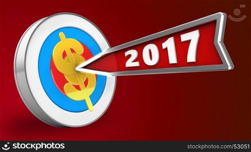 3d illustration of archery target with 2017 year arrow and dollar sign over red background