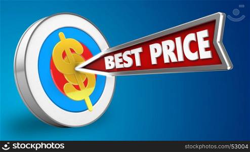 3d illustration of archery target with best price arrow and dollar sign over blue background