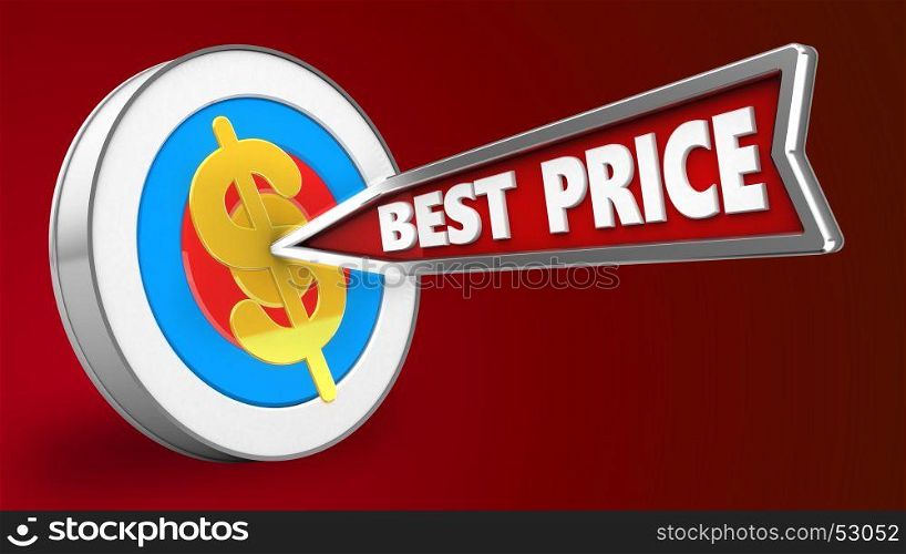 3d illustration of archery target with best price arrow and dollar sign over red background