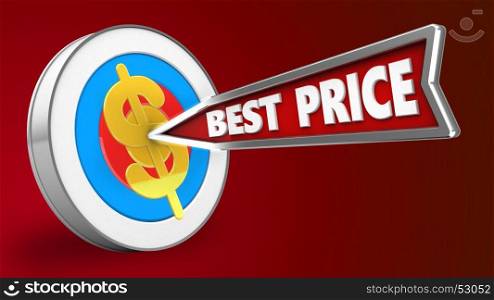 3d illustration of archery target with best price arrow and dollar sign over red background
