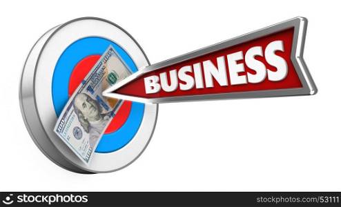 3d illustration of archery target with business arrow and 100 dollars over white background