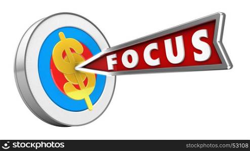 3d illustration of archery target with focus arrow and dollar sign over white background