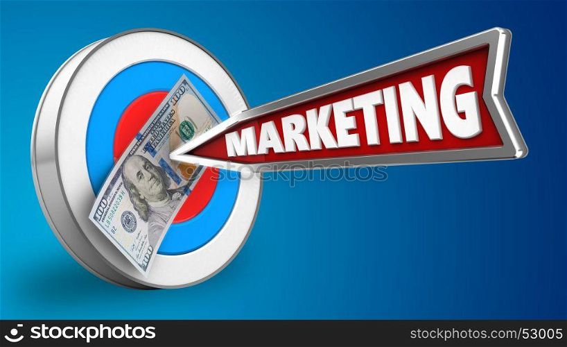 3d illustration of archery target with marketing arrow and 100 dollars over blue background