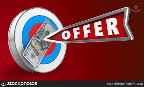 3d illustration of archery target with offer arrow and 100 dollars over red background