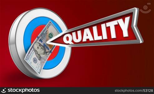 3d illustration of archery target with quality arrow and 100 dollars over red background