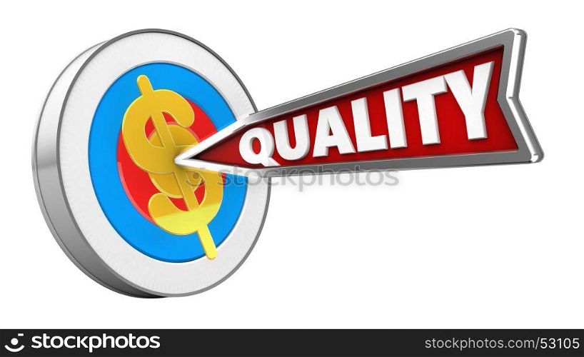 3d illustration of archery target with quality arrow and dollar sign over white background