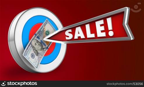 3d illustration of archery target with sale arrow and 100 dollars over red background