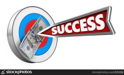 3d illustration of archery target with success arrow and 100 dollars over white background