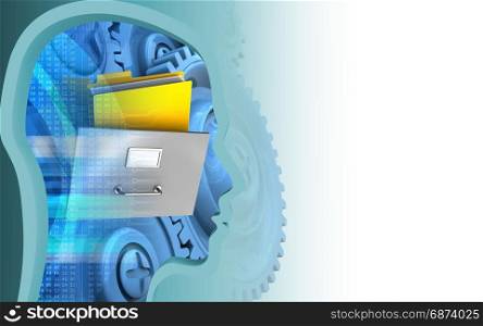 3d illustration of archive over white background with blue gears. 3d archive