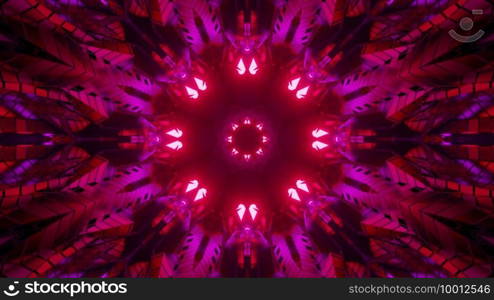 3D illustration of artistic kaleidoscopic colorful background with symmetric lines and neon illumination. Creative fractal pattern in 3D illustration