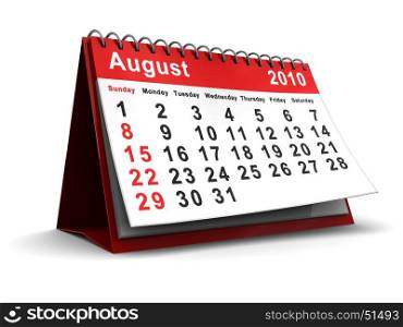 3d illustration of august 2010 calendar over white background