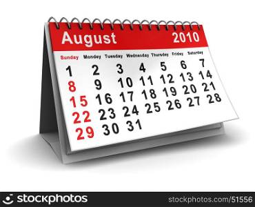 3d illustration of august 2010 calendar, over white background
