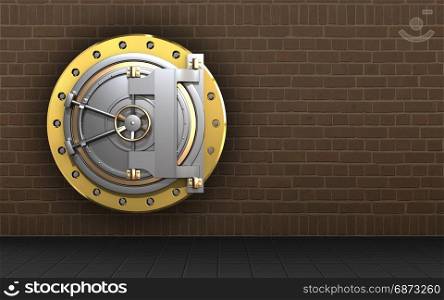 3d illustration of bank door over bricks background. 3d bank door blank