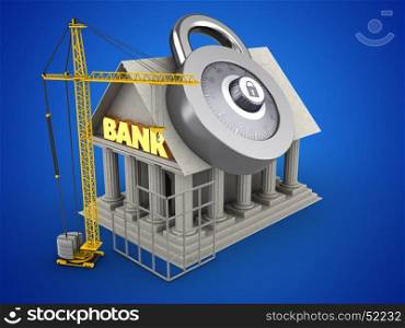 3d illustration of Bank over blue background with code lock and construction site. 3d Bank