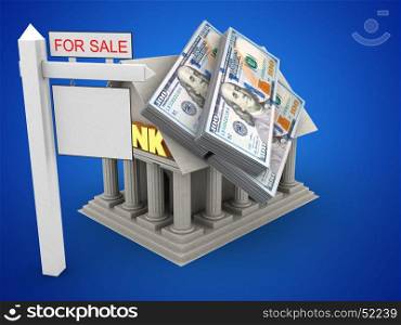 3d illustration of Bank over blue background with money and sale sign. 3d money